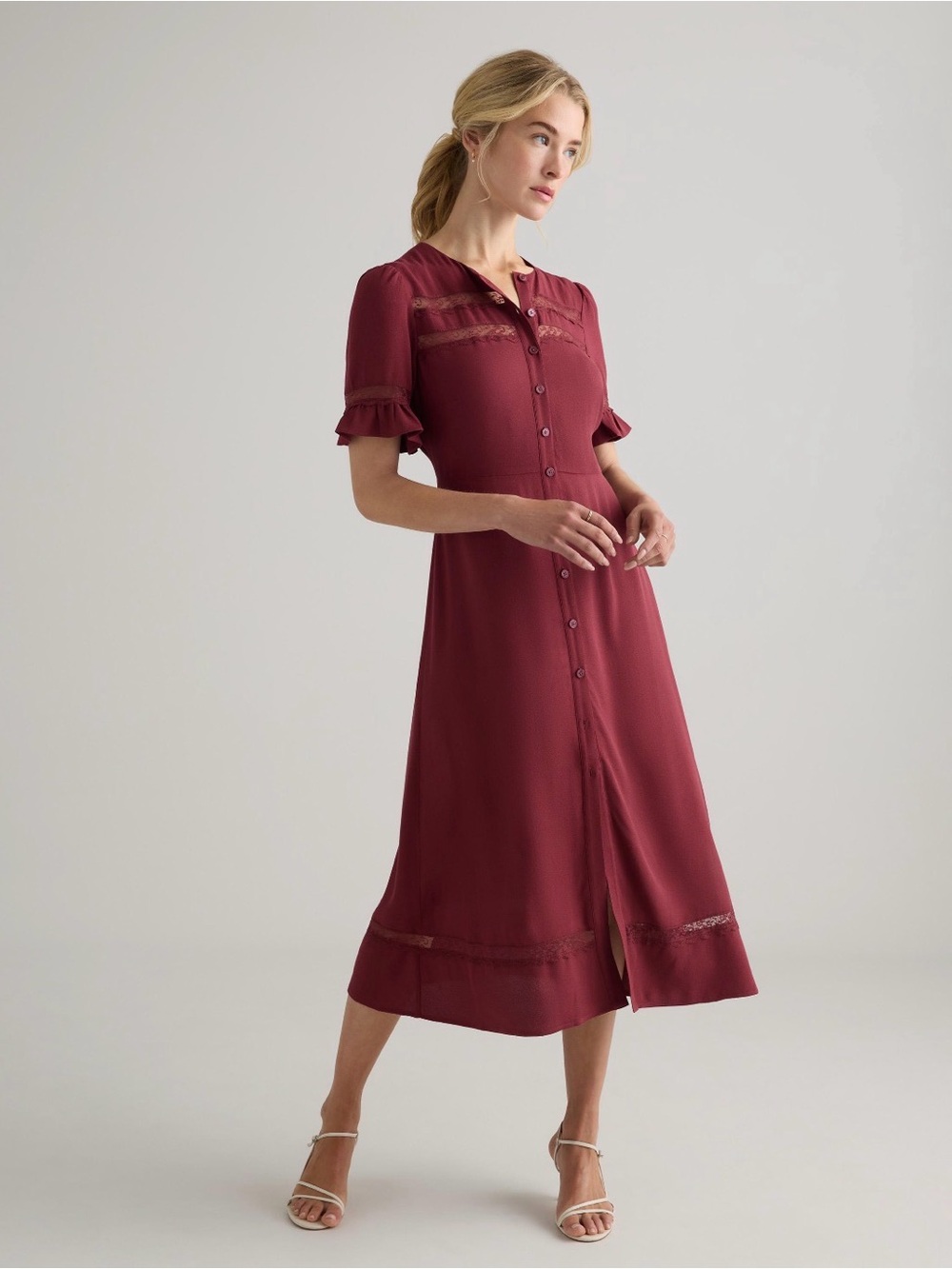 Quince Maroon Lace Inset Midi Dress XL NWT Romantic Ruffle Sleeve